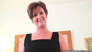 Classy grandma with big tits wears black stocking